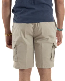 Bermuda Uomo Cargo Cotone Pantaloni Laccio Beige PC1985A