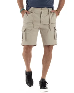 Bermuda Uomo Cargo Cotone Pantaloni Laccio Beige PC1985A