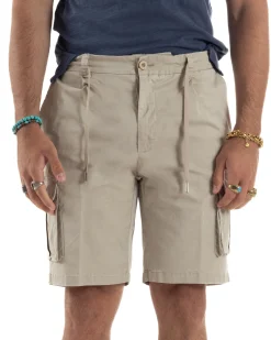 Bermuda Uomo Cargo Cotone Pantaloni Laccio Beige PC1985A