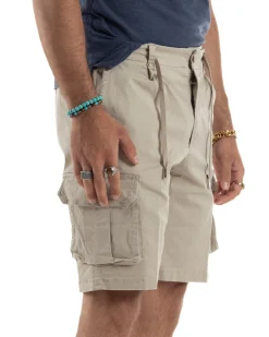 Bermuda Uomo Cargo Cotone Pantaloni Laccio Beige PC1985A