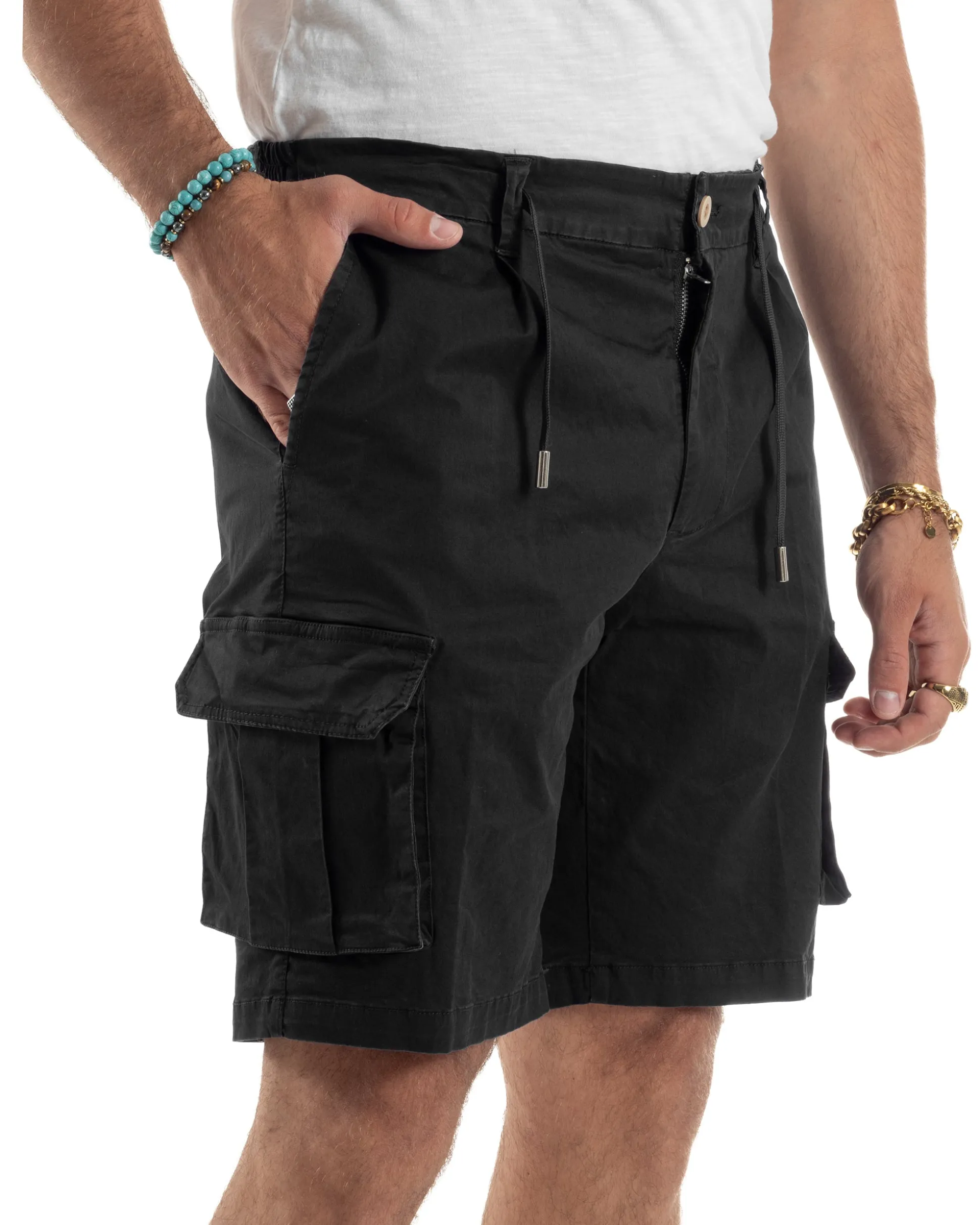 Bermuda Uomo Cargo Cotone Pantaloni Laccio Nero PC1988A
