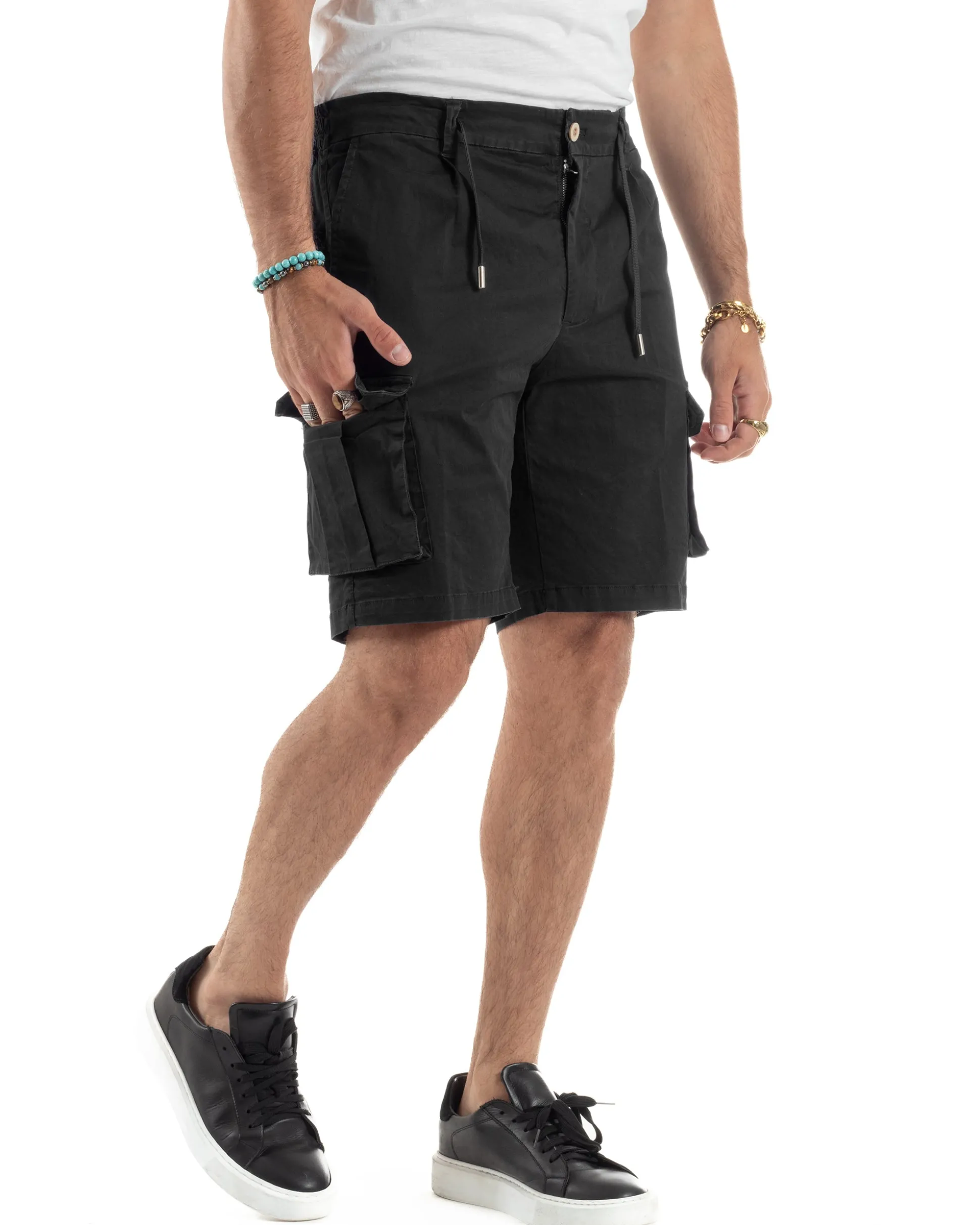 Bermuda Uomo Cargo Cotone Pantaloni Laccio Nero PC1988A