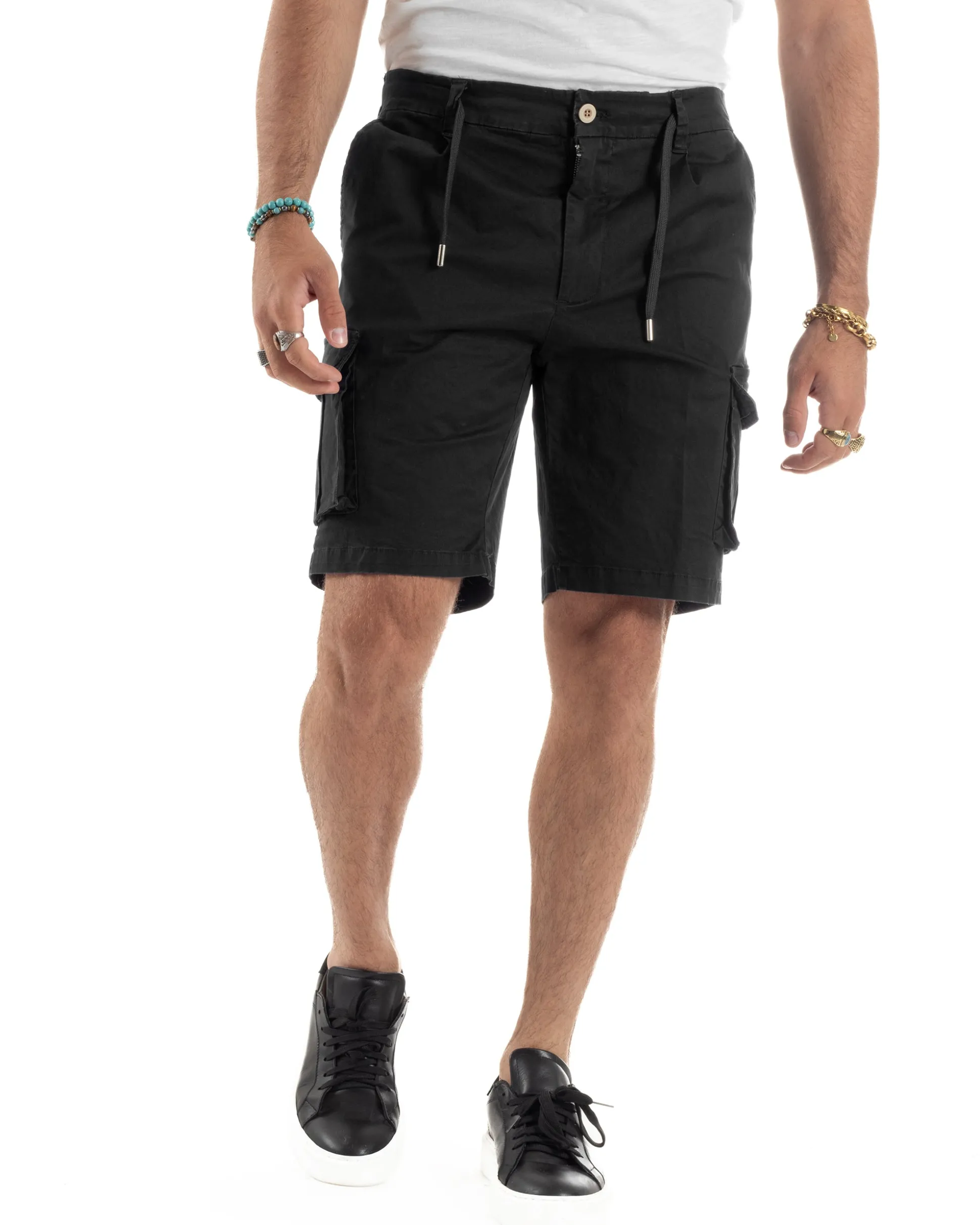 Bermuda Uomo Cargo Cotone Pantaloni Laccio Nero PC1988A