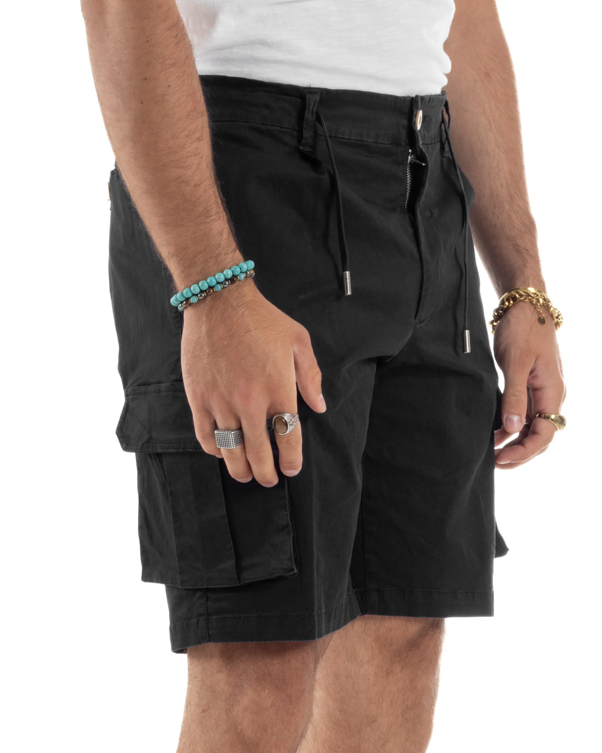 Bermuda Uomo Cargo Cotone Pantaloni Laccio Nero PC1988A