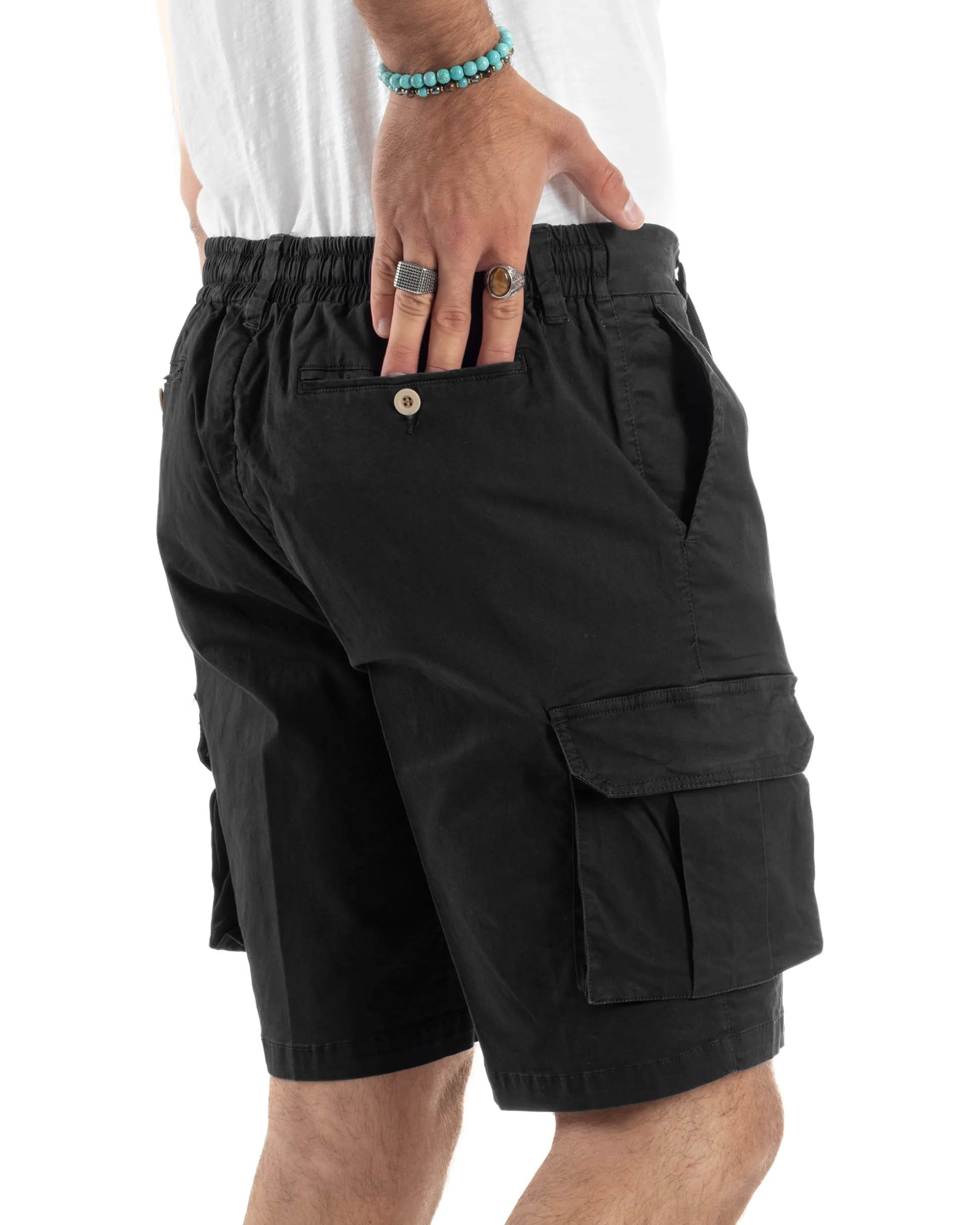 Bermuda Uomo Cargo Cotone Pantaloni Laccio Nero PC1988A