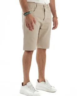 Bermuda Uomo Cinque Tasche Tinta Unita Regular Fit Basic Beige PC2008A