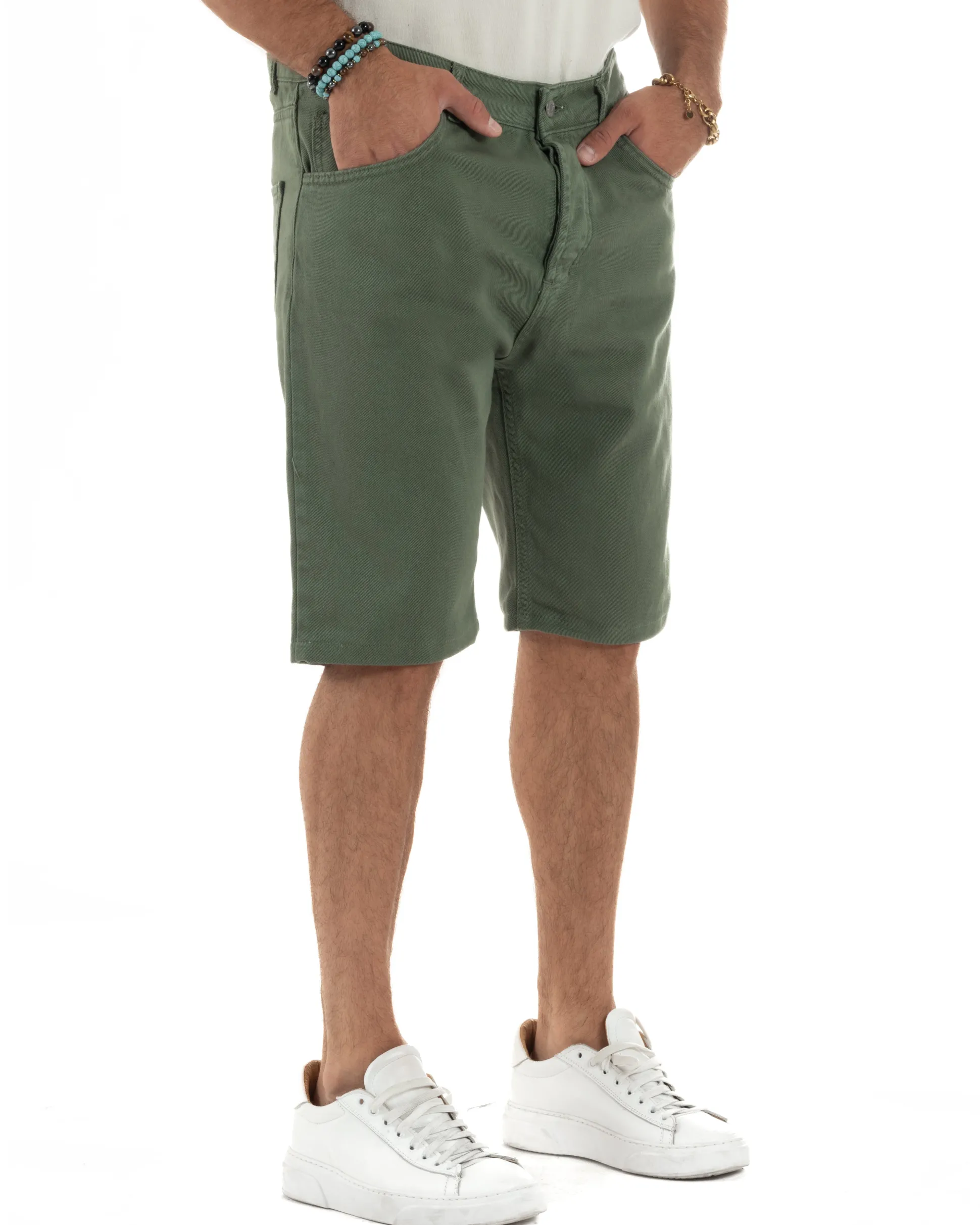 Bermuda Uomo Cinque Tasche Tinta Unita Regular Fit Basic Verde PC2007A