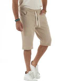 Bermuda uomo cotone pantaloncini coulisse jeans basic beige GIOSAL-PC2010A