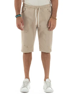 Bermuda uomo cotone pantaloncini coulisse rotture jeans beige GIOSAL-PC2000A