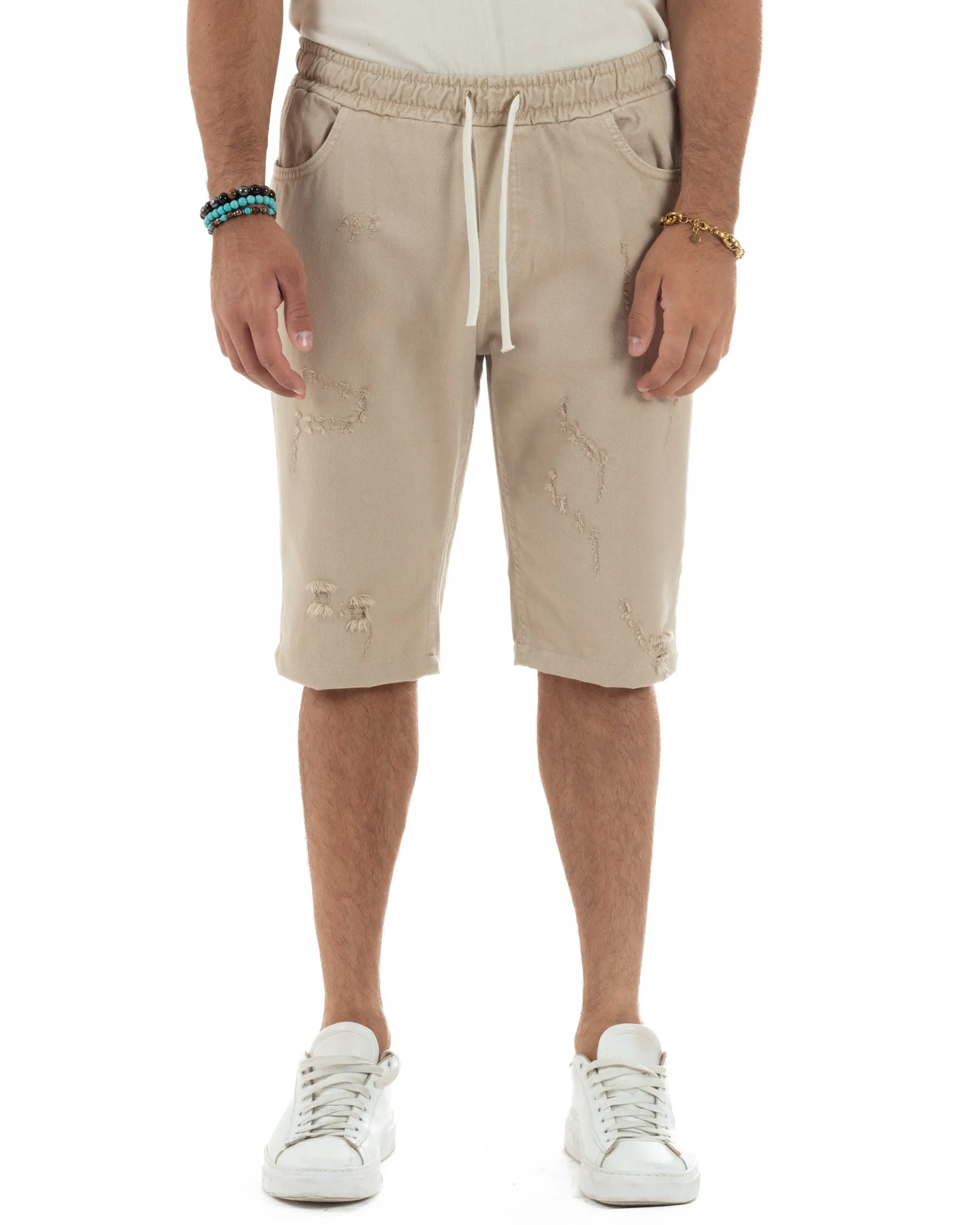 Bermuda uomo cotone pantaloncini coulisse rotture jeans beige GIOSAL-PC2000A