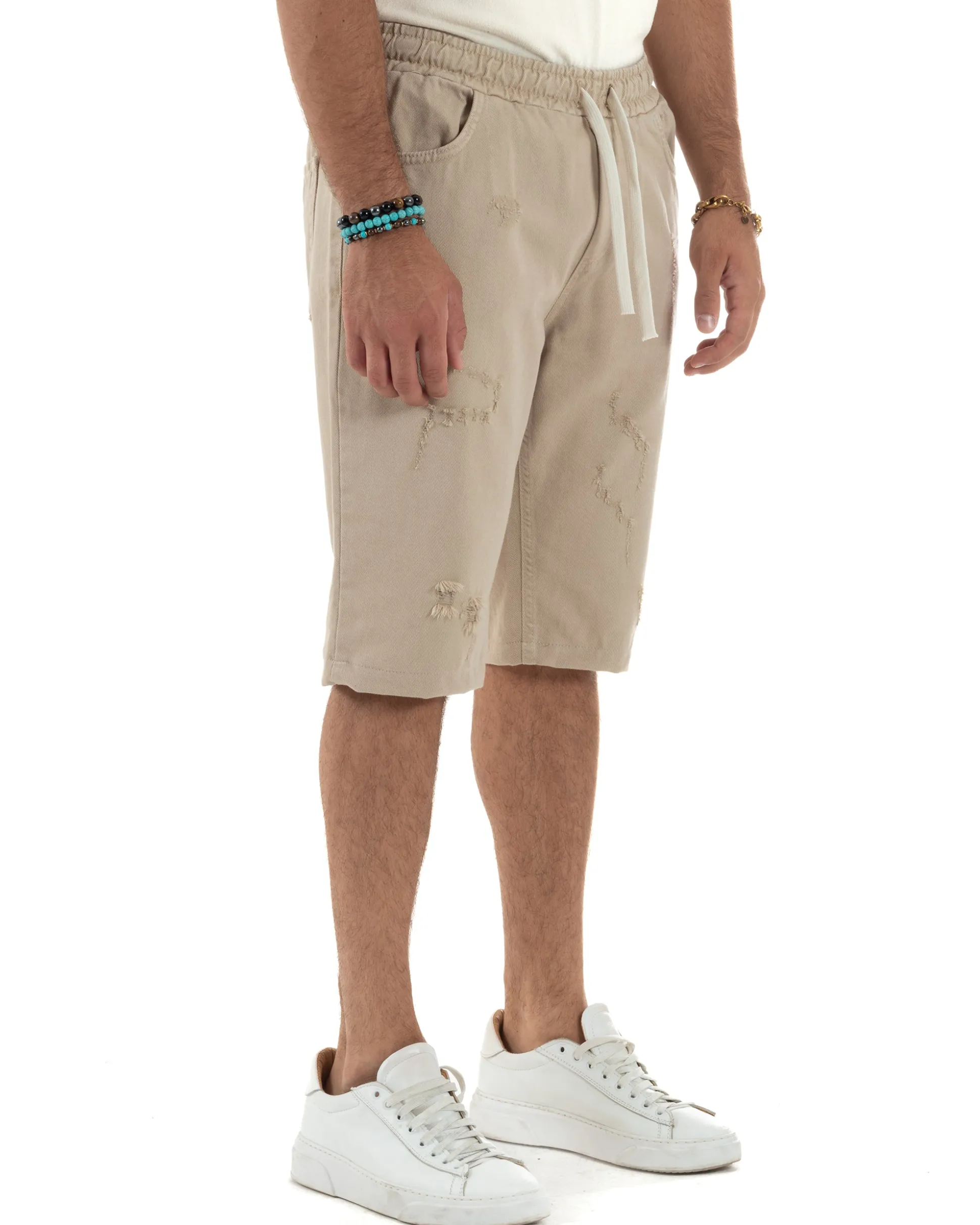 Bermuda uomo cotone pantaloncini coulisse rotture jeans beige GIOSAL-PC2000A