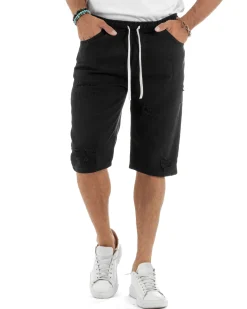 Bermuda uomo cotone pantaloncini coulisse rotture jeans nero GIOSAL-PC1999A