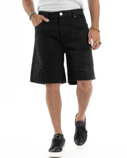 Bermuda Uomo Cotone Pantaloni Jeans Rotture Nero PC1991A