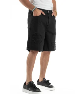 Bermuda Uomo Cotone Pantaloni Jeans Rotture Nero PC1991A
