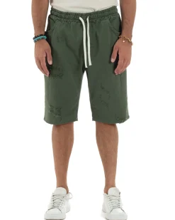 Bermuda uomo cotone pantaloncini coulisse rotture jeans verde GIOSAL-PC2001A