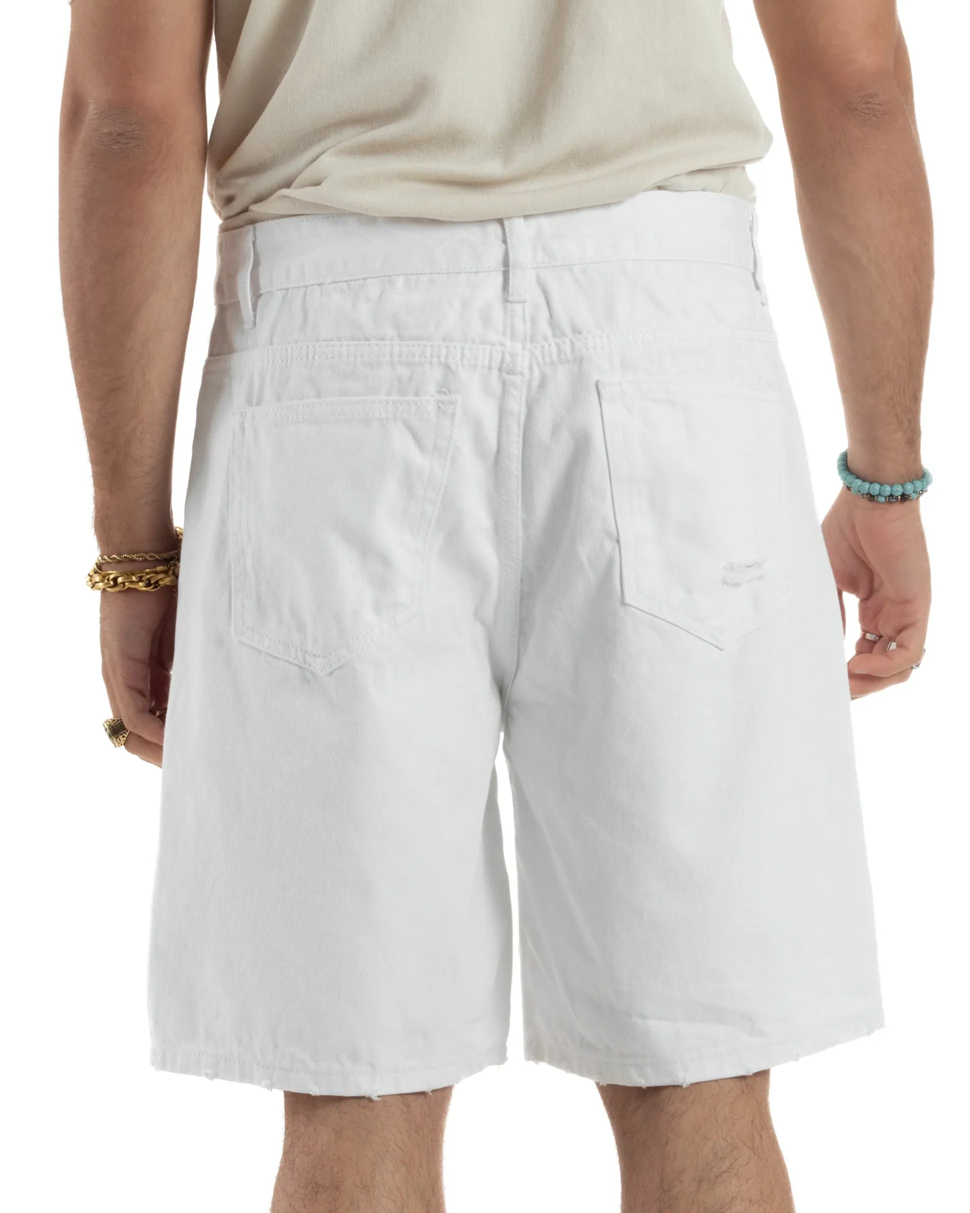Bermuda Uomo Cotone Pantaloni Jeans Rotture Bianco PC1992A