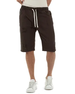 Bermuda uomo cotone pantaloncini coulisse rotture jeans marrone GIOSAL-PC2036A