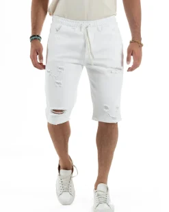 Bermuda uomo cotone pantaloncini coulisse rotture jeans bianco GIOSAL-PC2002A