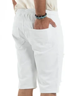 Bermuda uomo cotone pantaloncini coulisse rotture jeans bianco GIOSAL-PC2002A