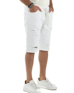 Bermuda uomo cotone pantaloncini coulisse rotture jeans bianco GIOSAL-PC2002A
