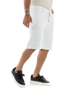 Bermuda Uomo Cotone Pantaloncini Corti Basic Jeans Cinque Tasche Casual Oversize Wide Leg Tinta Unita Denim Bianco GIOSAL-PC1981A