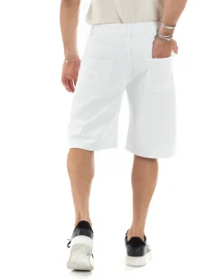 Bermuda Uomo Cotone Pantaloncini Corti Basic Jeans Cinque Tasche Casual Oversize Wide Leg Tinta Unita Denim Bianco GIOSAL-PC1981A