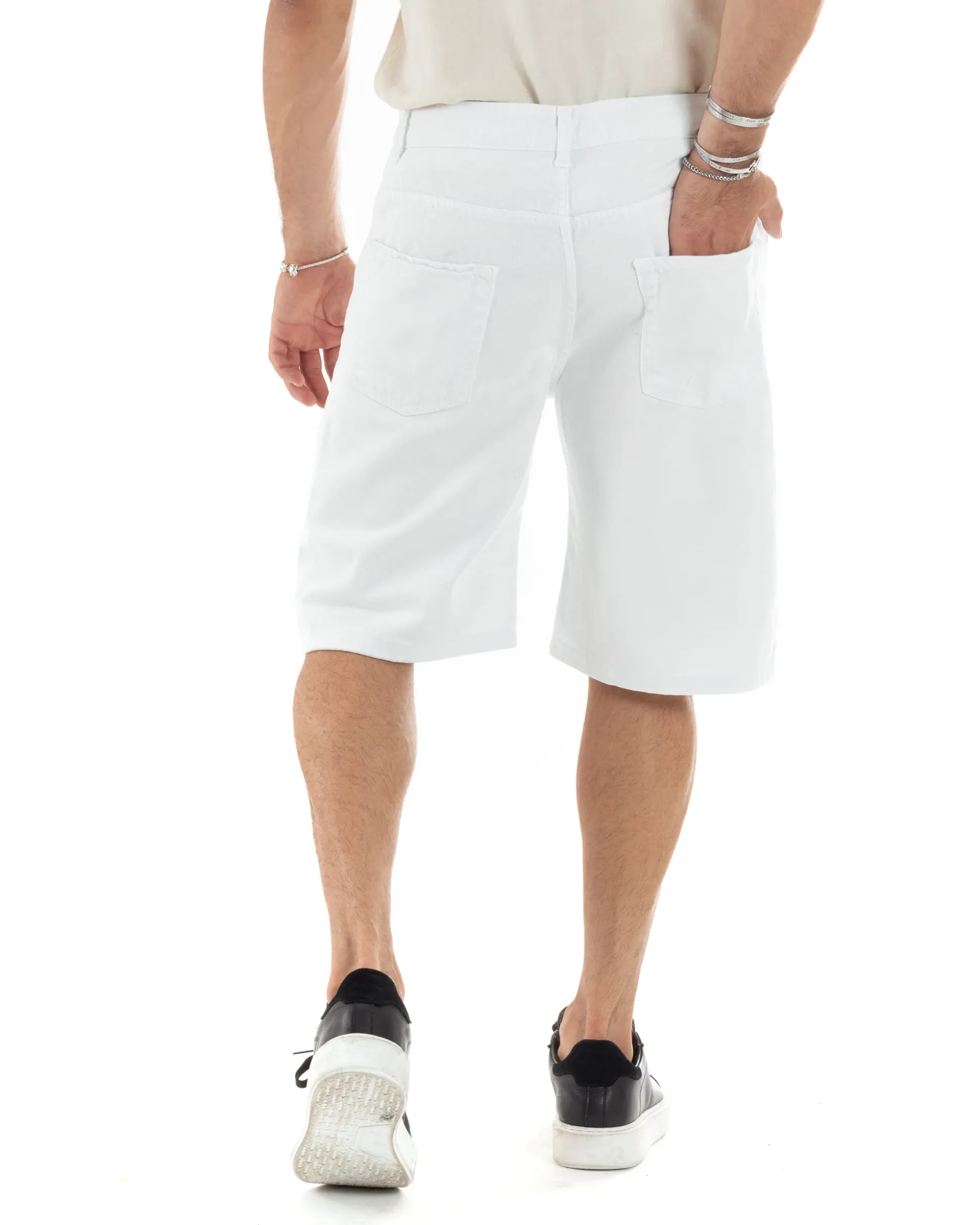 Bermuda Uomo Cotone Pantaloncini Corti Basic Jeans Cinque Tasche Casual Oversize Wide Leg Tinta Unita Denim Bianco GIOSAL-PC1981A