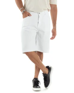 Bermuda Uomo Cotone Pantaloncini Corti Basic Jeans Cinque Tasche Casual Oversize Wide Leg Tinta Unita Denim Bianco GIOSAL-PC1981A