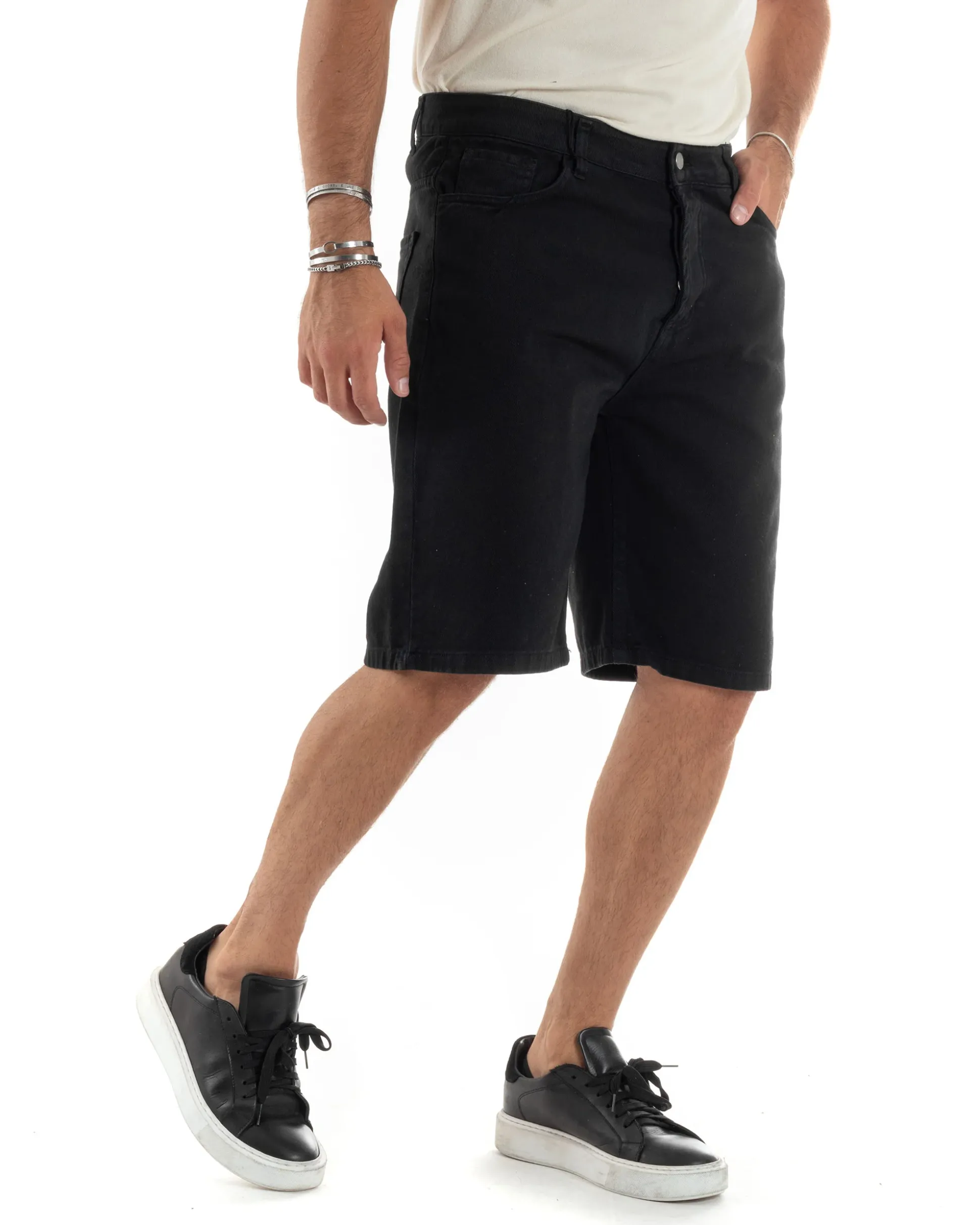 Bermuda Uomo Cotone Pantaloncini Corti Basic Jeans Cinque Tasche Casual Oversize Wide Leg Tinta Unita Denim Nero GIOSAL-PC1980A
