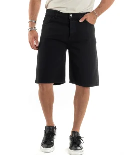 Bermuda Uomo Cotone Pantaloncini Corti Basic Jeans Cinque Tasche Casual Oversize Wide Leg Tinta Unita Denim Nero GIOSAL-PC1980A