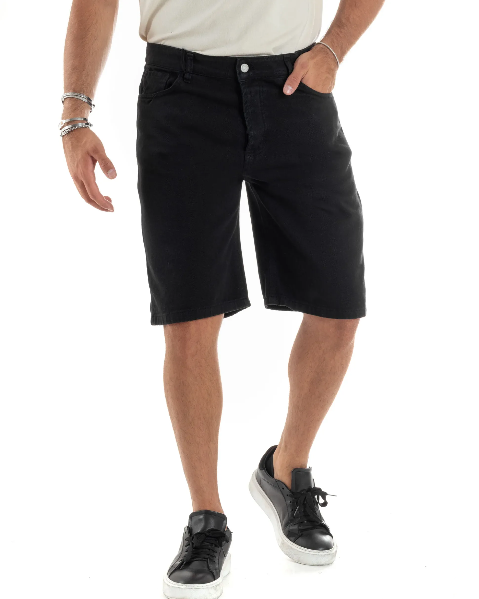 Bermuda Uomo Cotone Pantaloncini Corti Basic Jeans Cinque Tasche Casual Oversize Wide Leg Tinta Unita Denim Nero GIOSAL-PC1980A