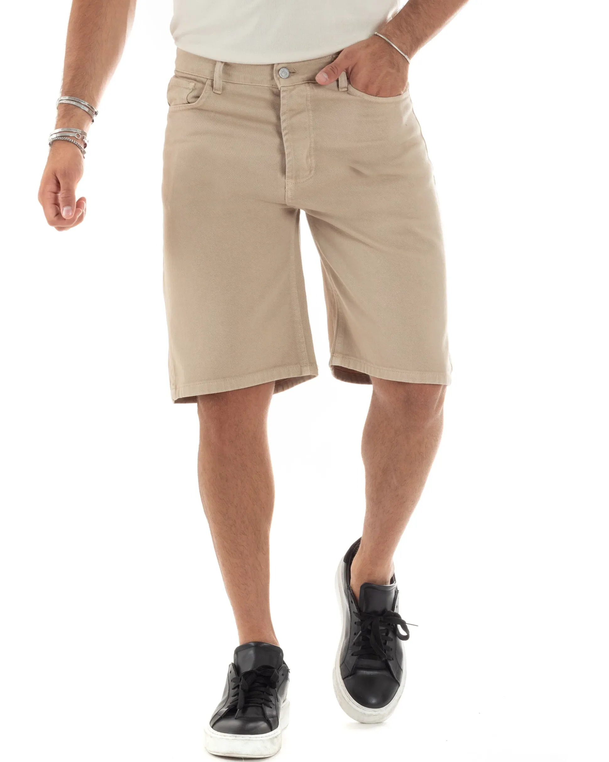 Bermuda Uomo Cotone Pantaloncini Corti Basic Jeans Cinque Tasche Casual Oversize Wide Leg Tinta Unita Denim Beige GIOSAL-PC1979A