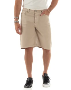 Bermuda Uomo Cotone Pantaloncini Corti Basic Jeans Cinque Tasche Casual Oversize Wide Leg Tinta Unita Denim Beige GIOSAL-PC1979A