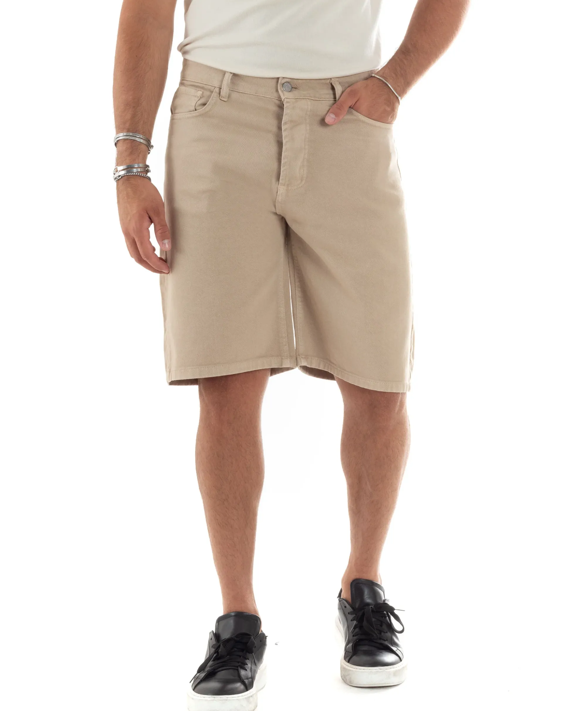 Bermuda Uomo Cotone Pantaloncini Corti Basic Jeans Cinque Tasche Casual Oversize Wide Leg Tinta Unita Denim Beige GIOSAL-PC1979A