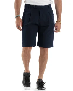 Bermuda Uomo Viscosa Abbottonatura Allungata Blu PC1996A