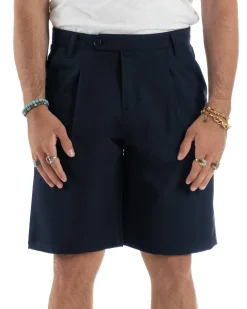 Bermuda Uomo Viscosa Abbottonatura Allungata Blu PC1996A