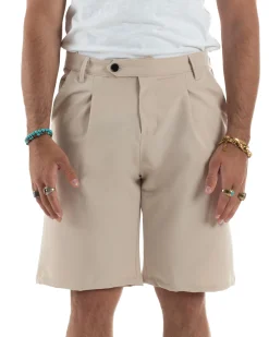 Bermuda Uomo Viscosa Abbottonatura Allungata Beige PC1993A
