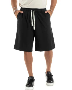 Bermuda uomo viscosa pantalaccio corto jogger wide leg oversize nero GIOSAL-PC1966A