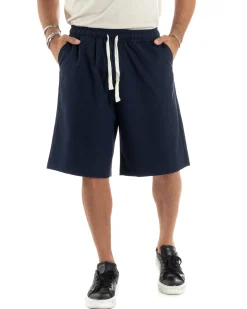 Bermuda uomo viscosa pantalaccio corto jogger wide leg oversize blu GIOSAL-PC1967A