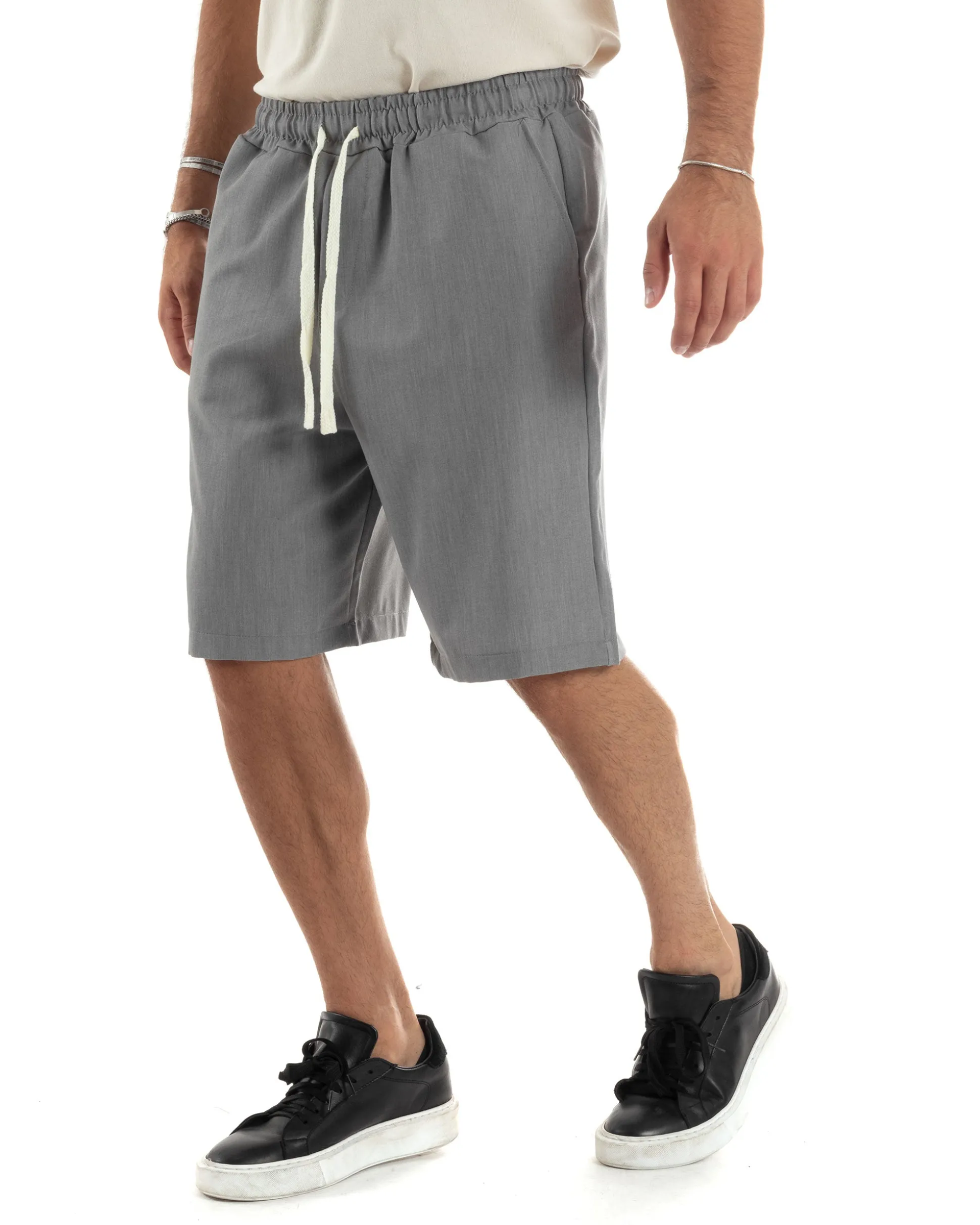 Bermuda uomo viscosa pantalaccio corto jogger wide leg oversize grigio GIOSAL-PC1968A