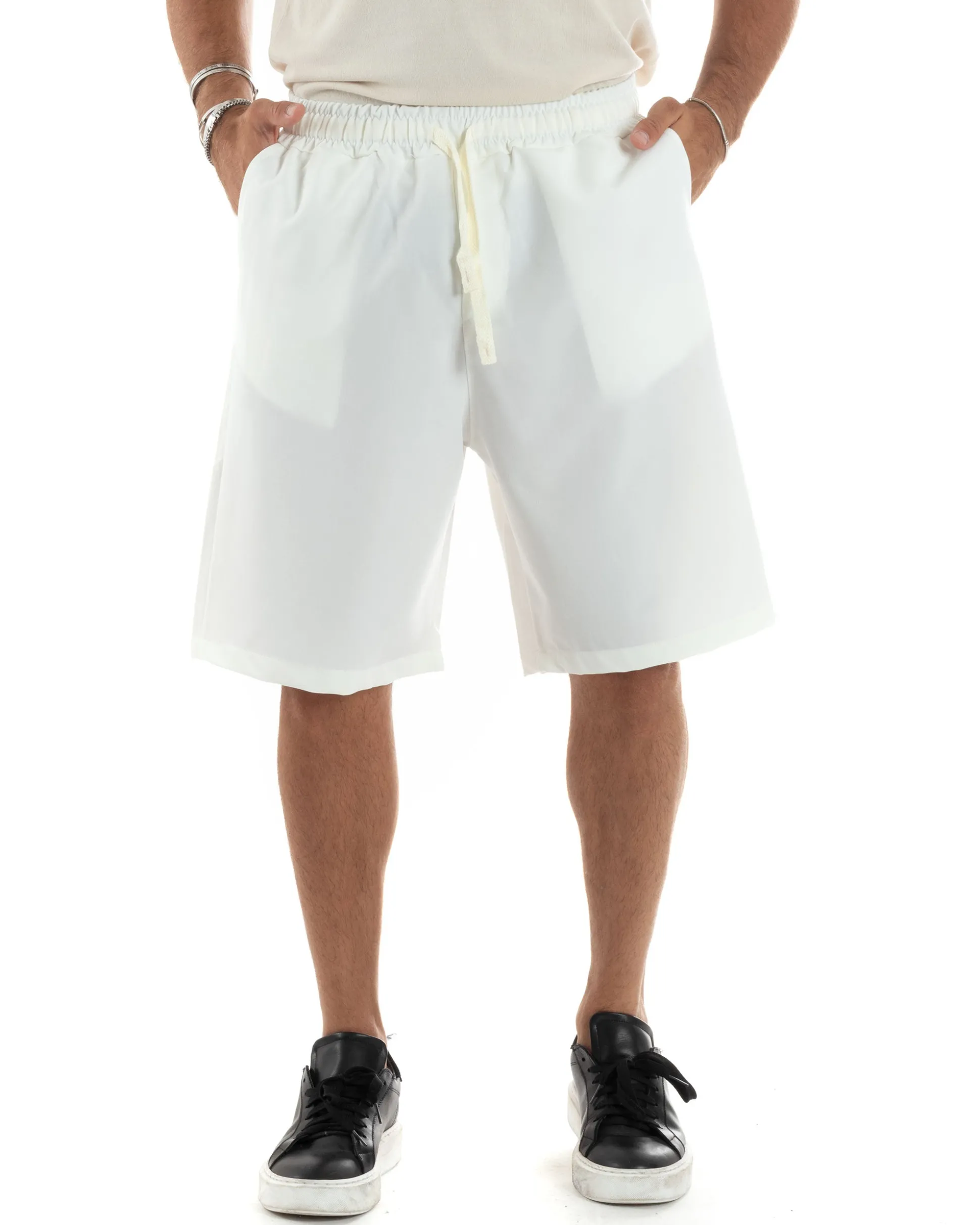 Bermuda uomo viscosa pantalaccio corto jogger wide leg oversize bianco GIOSAL-PC1970A