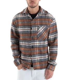 Camicia Camicione Uomo Tartan Con Colletto Overshirt Caldo Fantasia Quadri Scozzese Casual Camel GIOSAL-C2649A