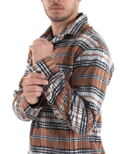 Camicia Camicione Uomo Tartan Con Colletto Overshirt Caldo Fantasia Quadri Scozzese Casual Camel GIOSAL-C2649A