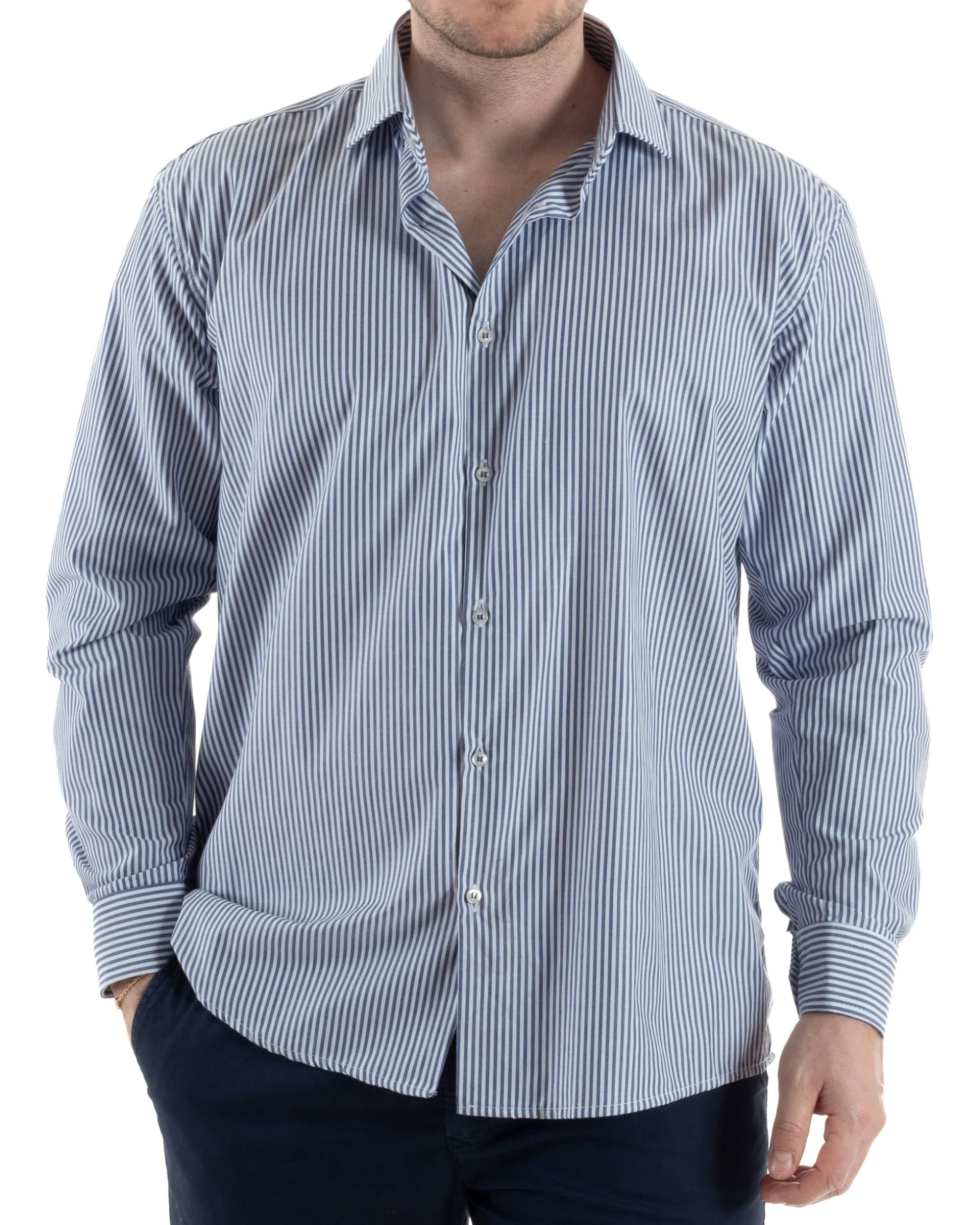 Camicia Collo Francese Cotone Rigata Blu TCC1005A