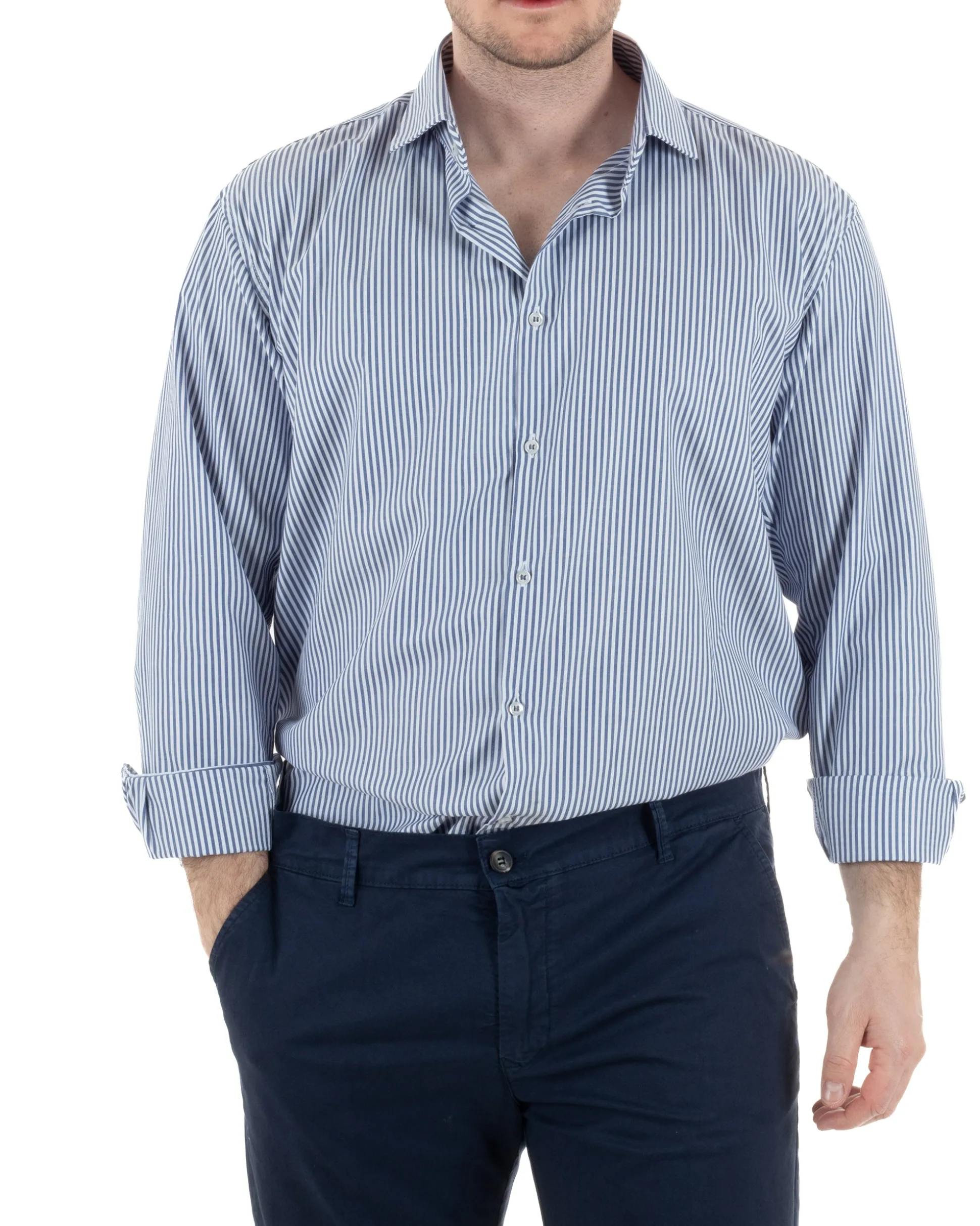 Camicia Collo Francese Cotone Rigata Blu TCC1005A