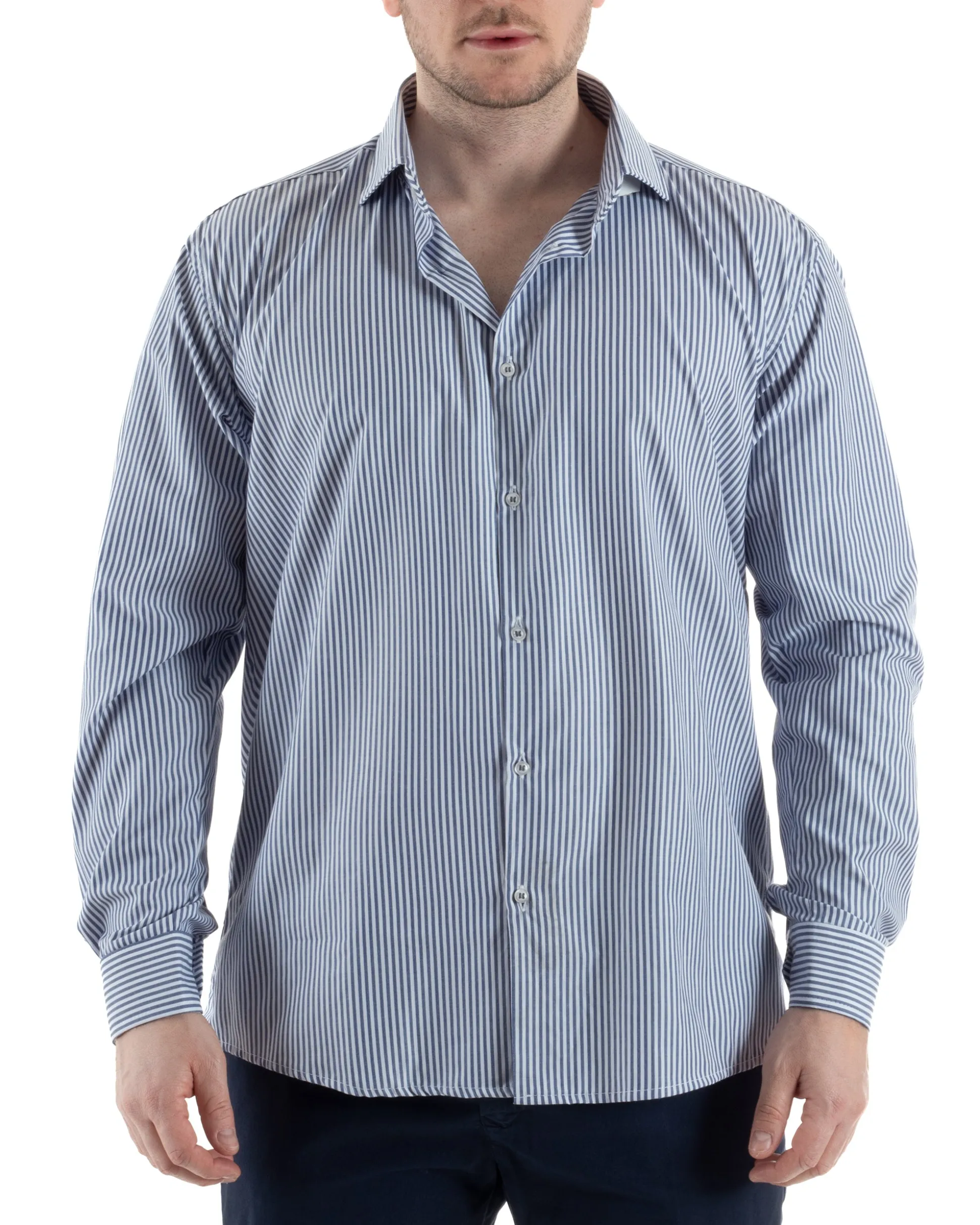 Camicia Collo Francese Cotone Rigata Blu TCC1005A