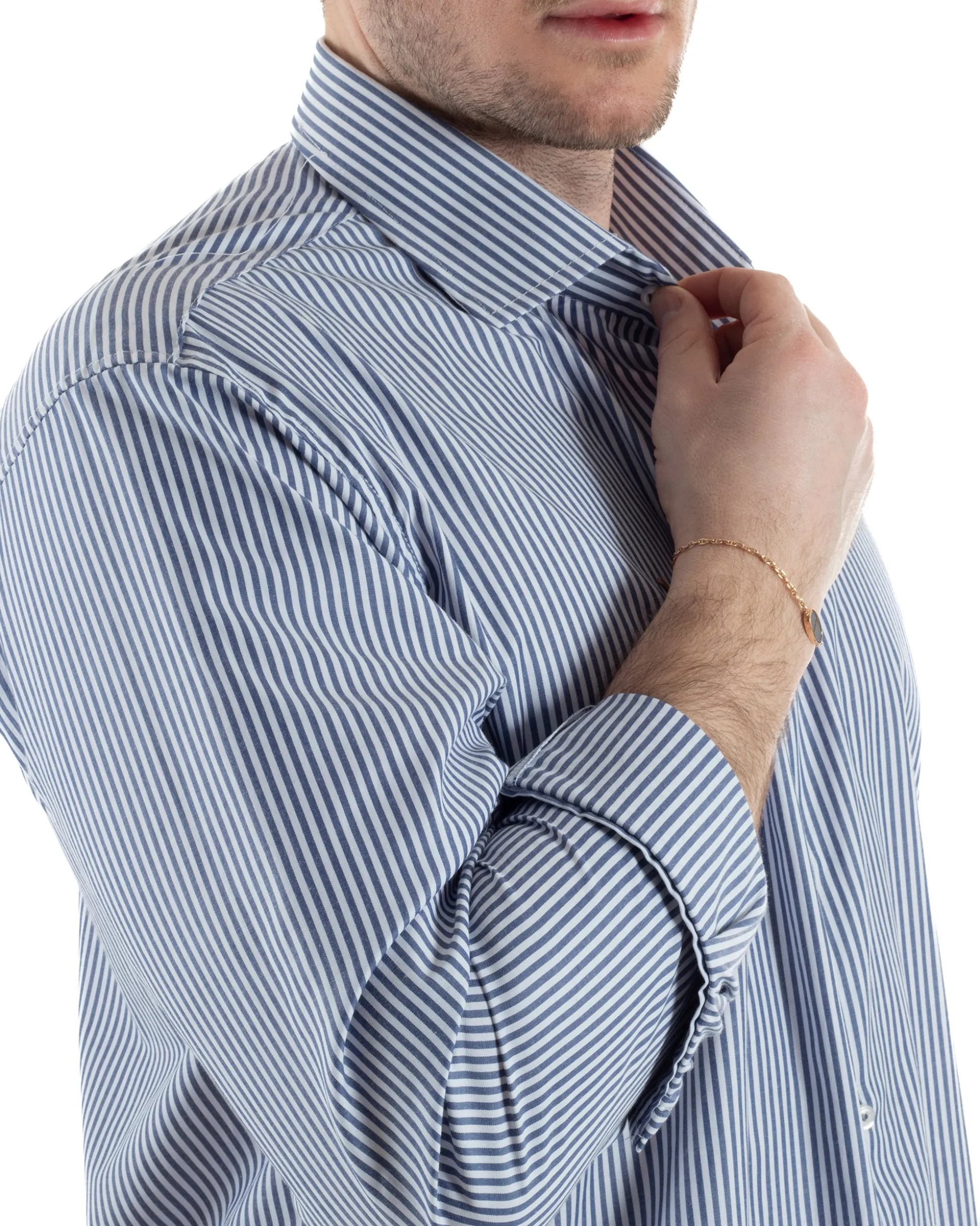 Camicia Collo Francese Cotone Rigata Blu TCC1005A
