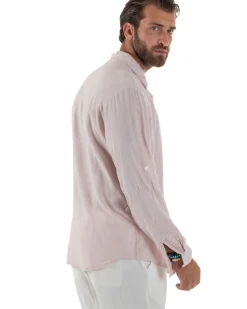 Camicia Collo Francese Lino Slim Fit Basic Rosa C3036A