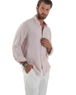 Camicia Collo Francese Lino Slim Fit Basic Rosa C3036A