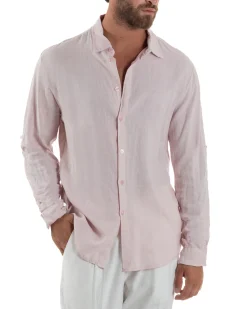 Camicia Collo Francese Lino Slim Fit Basic Rosa C3036A